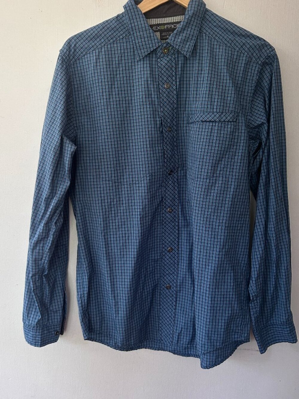 Ex Officio Long Sleeve Snap Front Blue Plaid Shirt Medium Vented Gorpcore Pocket